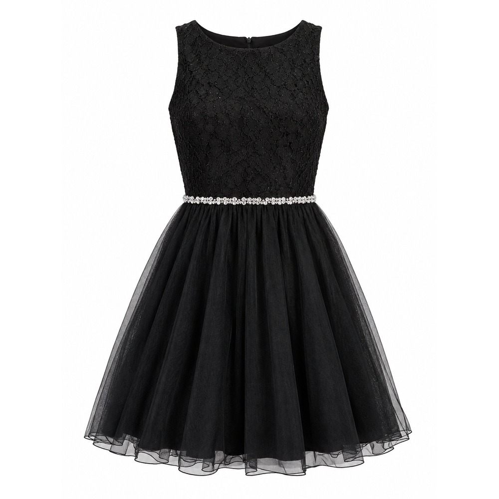 Speechless Black Lace Tulle Fit Flare Dress Rhinestone Waist Cut-Out Back Size 3